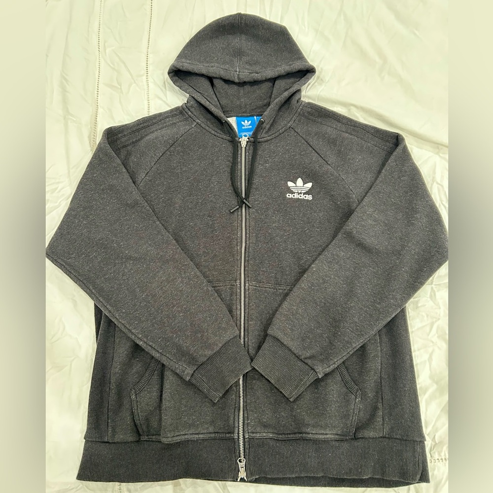 Adidas XL Men’s Zip up Hooded Heather Black/Gray Sweatshirt Excellent …